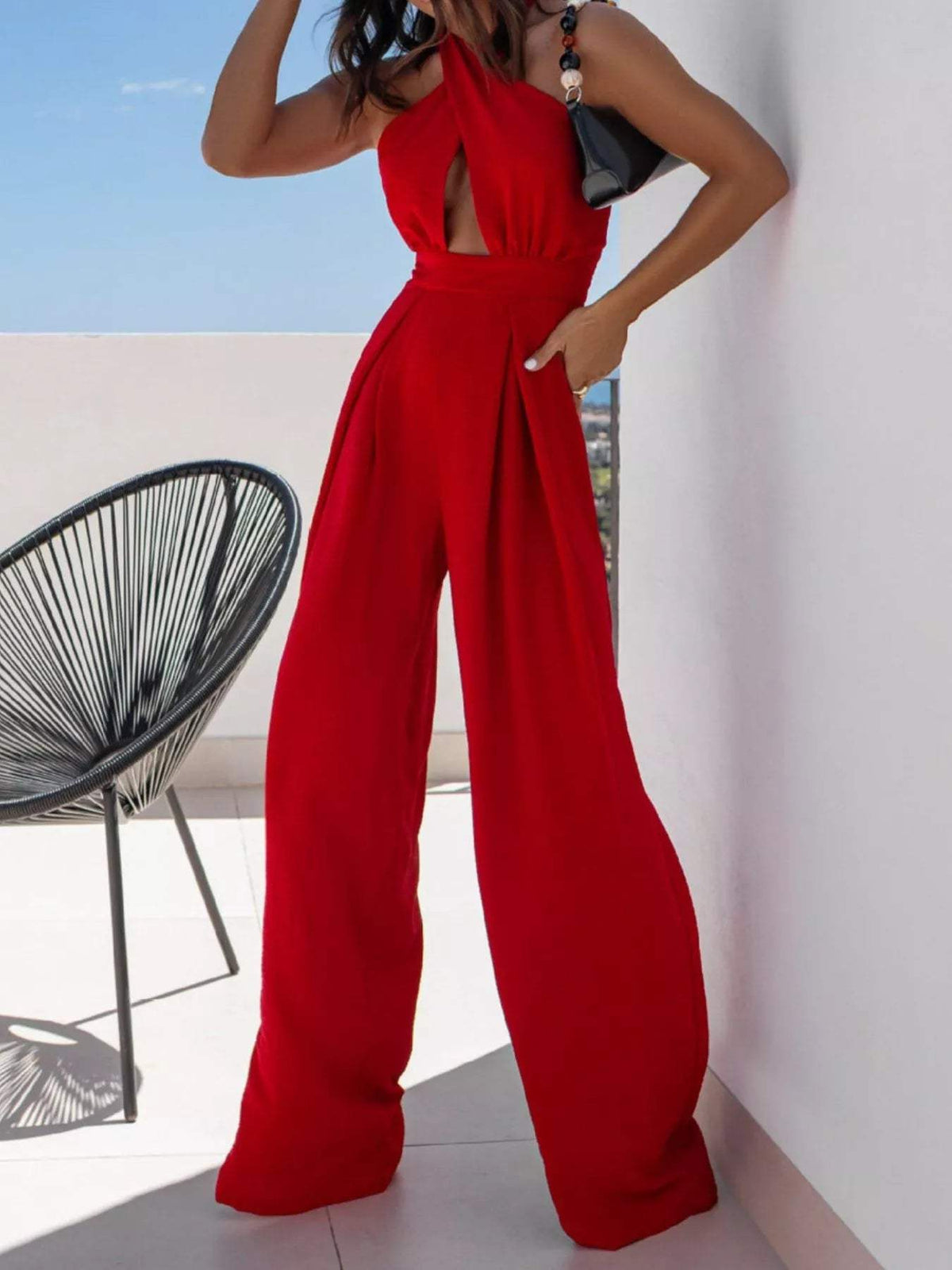 Halter Neck Cut-Out Wide-Leg Jumpsuit - Trendsi - Flyclothing LLC