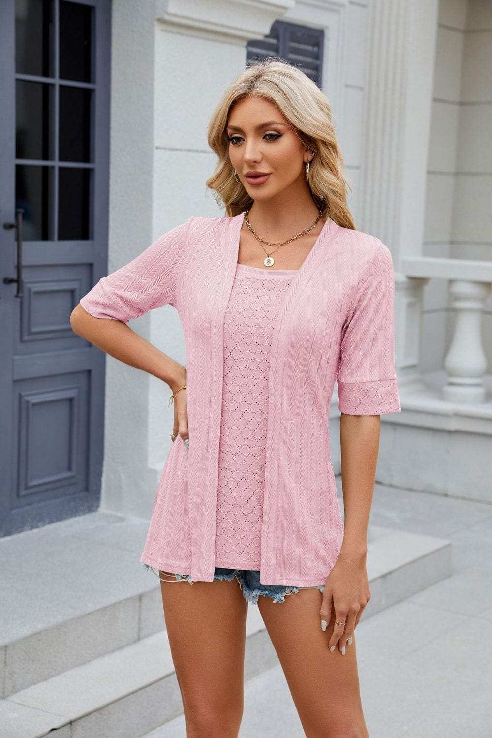 Texture Square Neck Half Sleeve Blouse - Trendsi - Flyclothing LLC