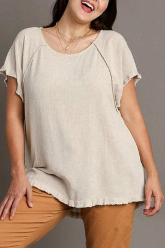 Umgee Full Size Seam Detail Linen Ruffle Fringe Edge Top Plus Size - Trendsi - Flyclothing LLC