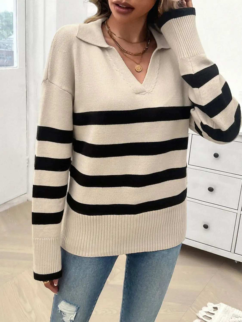 Striped Collared Neck Long Sleeve Sweater - Trendsi - Flyclothing LLC