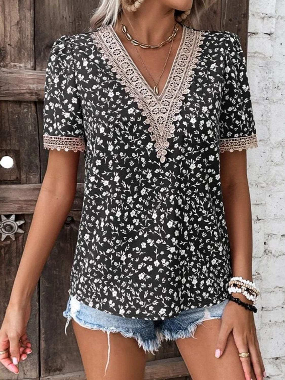Full Size Printed V-Neck Short Sleeve Blouse - Trendsi - Flyclothing LLC