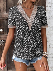 Full Size Printed V-Neck Short Sleeve Blouse - Trendsi