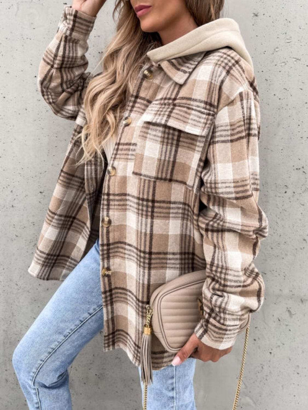 Plaid Button Up Jacket with Removable Hood - Trendsi - Flyclothing LLC