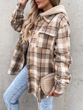 Plaid Button Up Jacket with Removable Hood - Trendsi