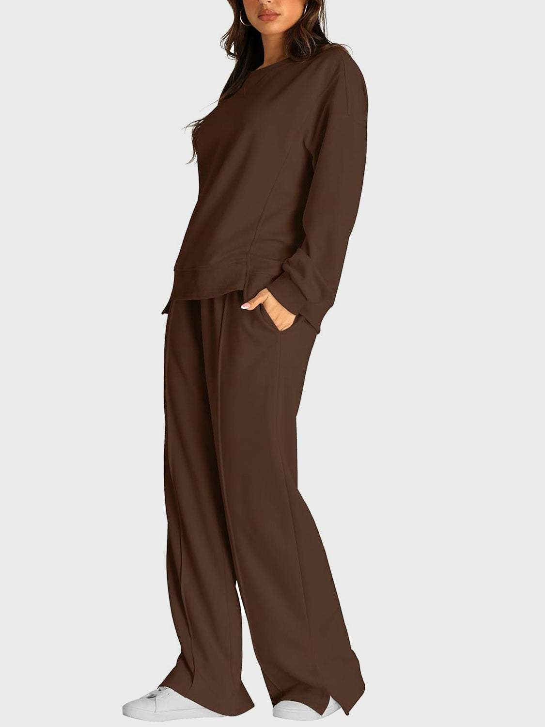 Round Neck Long Sleeve Top and Slit Pants Set - Trendsi - Flyclothing LLC