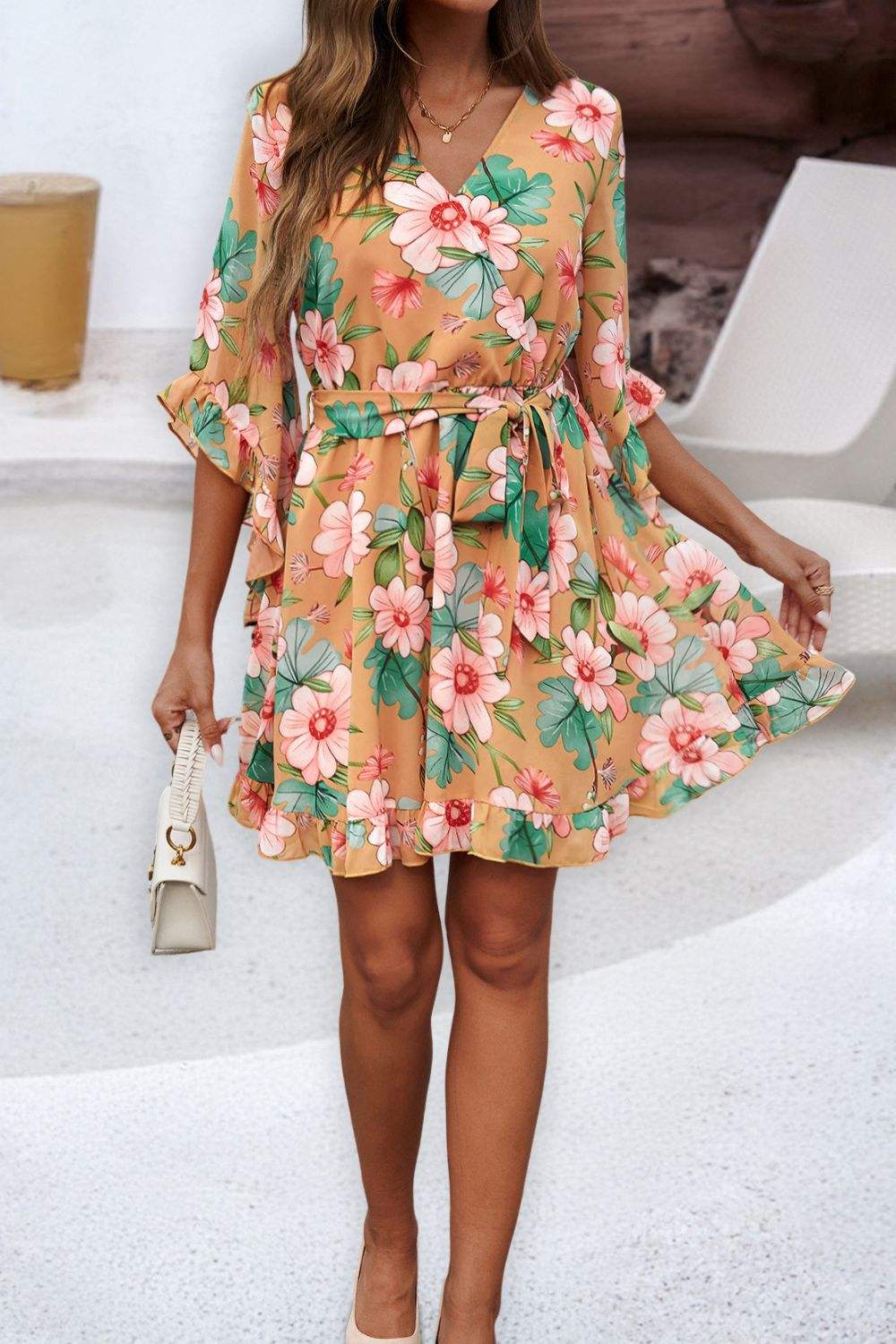 Ruffled Printed Surplice Half Sleeve Mini Dress - Trendsi - Flyclothing LLC