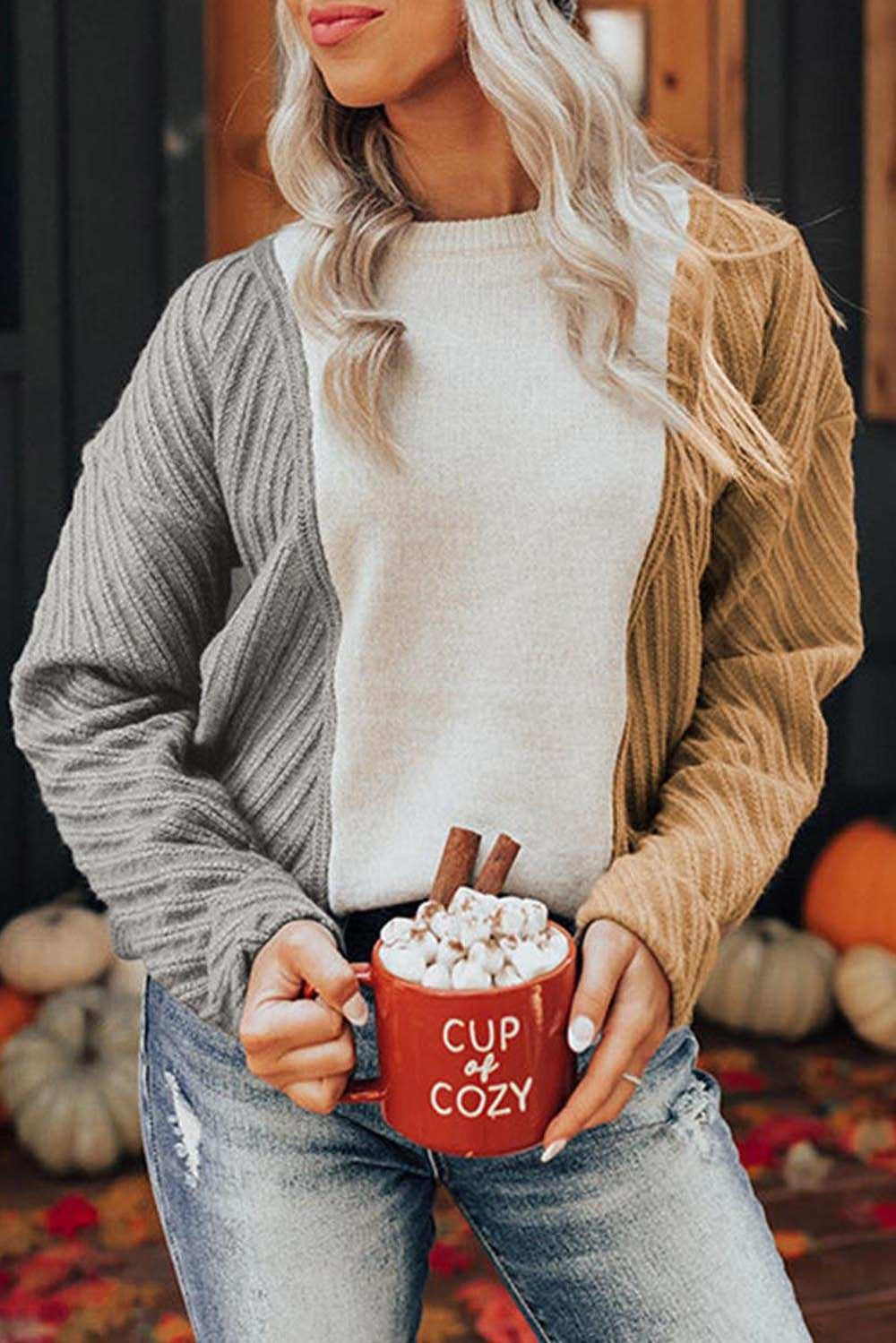 Color Block Textured Drop Shoulder Sweater - Trendsi - Flyclothing LLC