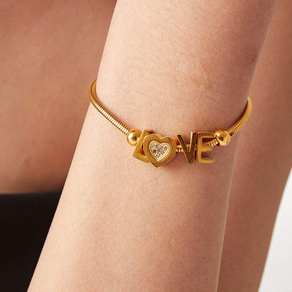 Titanium Steel Rhinestone Letter Bracelet - Trendsi - Flyclothing LLC