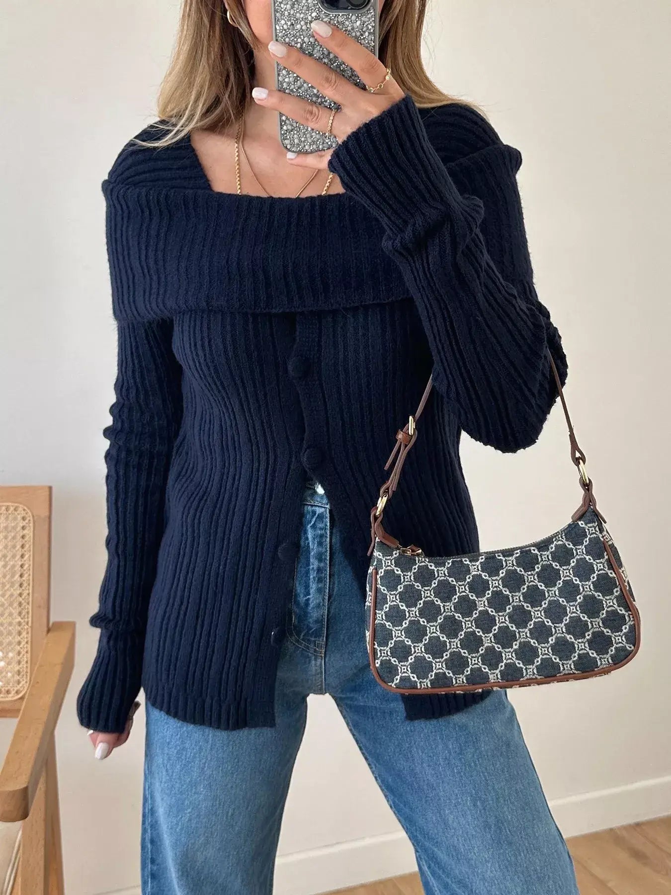 Textured Slit Front Long Sleeve Knit Top - Trendsi - Flyclothing LLC