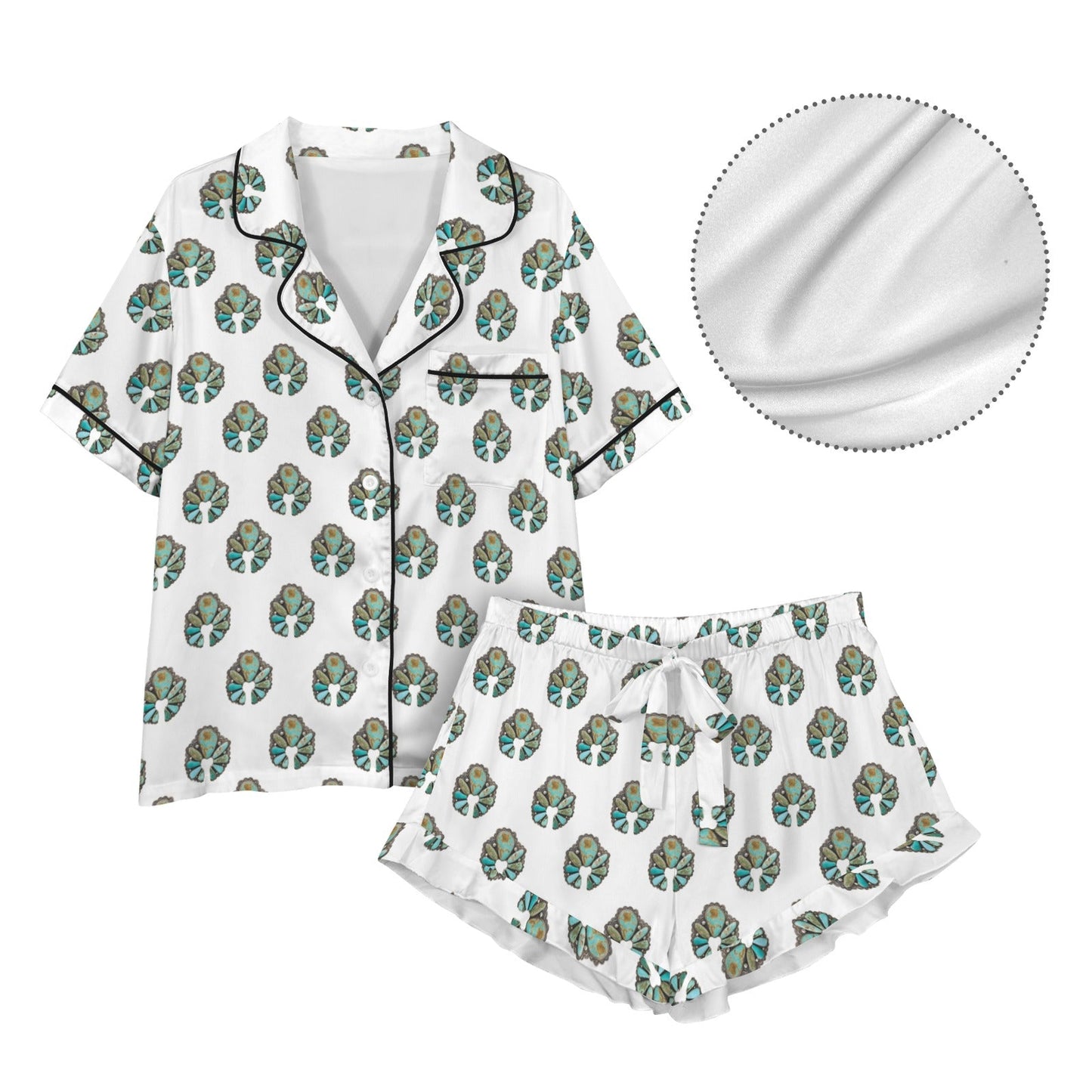Baha Ranch Turquoise Naja White Satin Ruffle Pajama Set