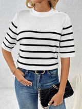 Striped Round Neck Half Sleeve Knit Top - Trendsi - Flyclothing LLC
