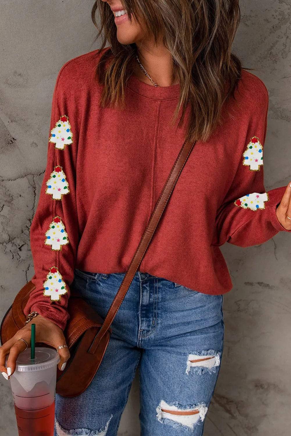 Christmas Tree Round Neck Long Sleeve Top - Trendsi - Flyclothing LLC