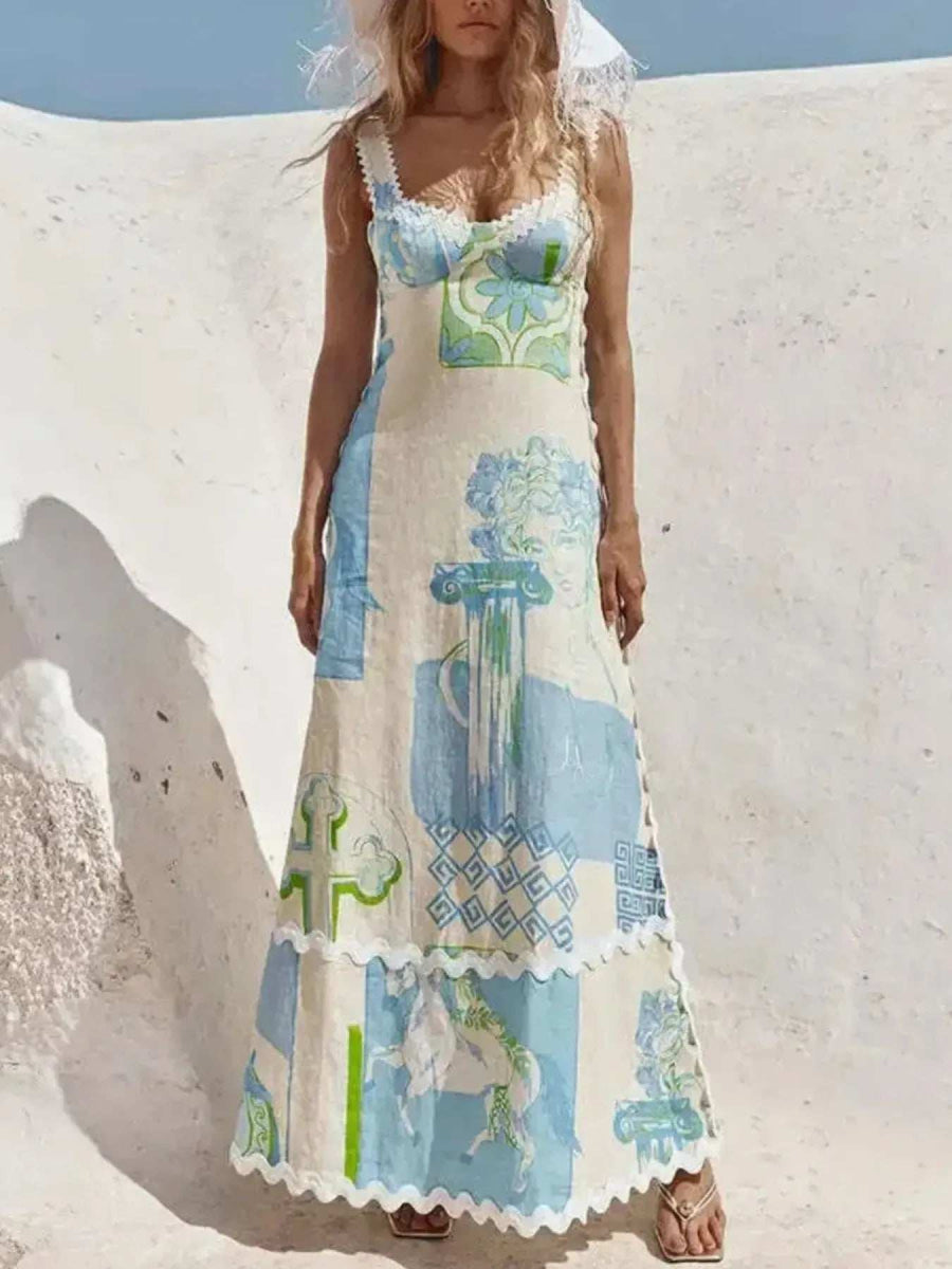 Tied Back Printed Maxi Dress - Trendsi