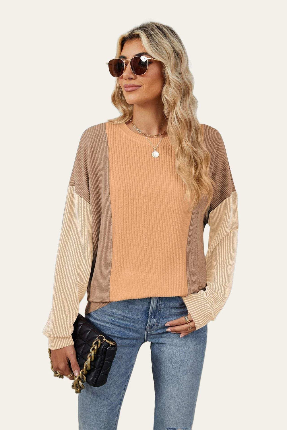 Double Take Texture Contrast Round Neck Long Sleeve T-Shirt - Trendsi - Flyclothing LLC