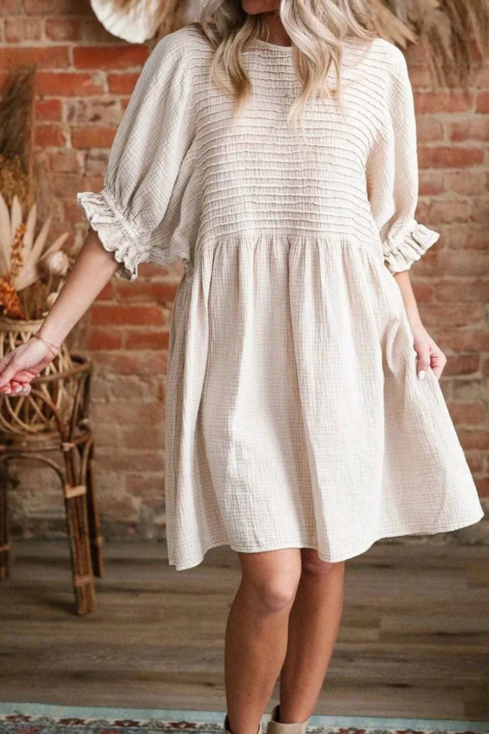 Textured Ruffled Puff Sleeve Loose Dress - Trendsi - Flyclothing LLC
