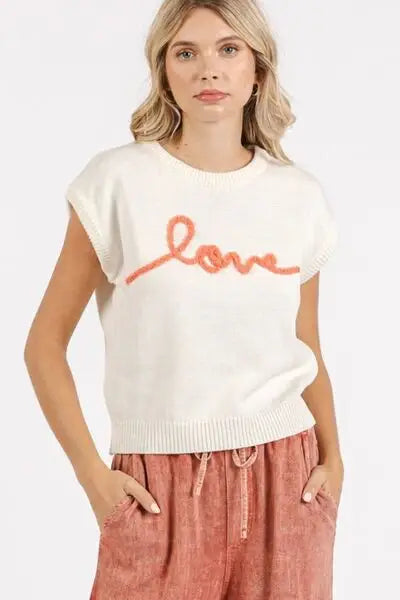 Mittoshop Contrast Letter Round Neck Cap Sleeve Knit Top - Trendsi - Flyclothing LLC