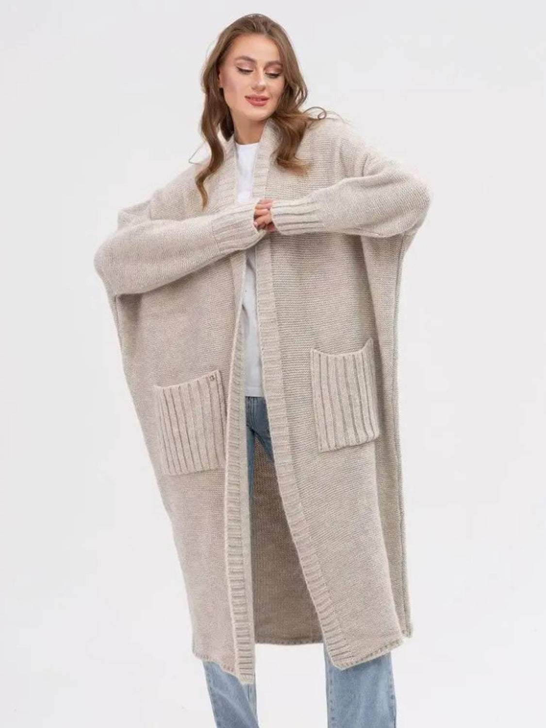 Pocketed Open Front Long Sleeve Longline Cardigan - Trendsi - Flyclothing LLC