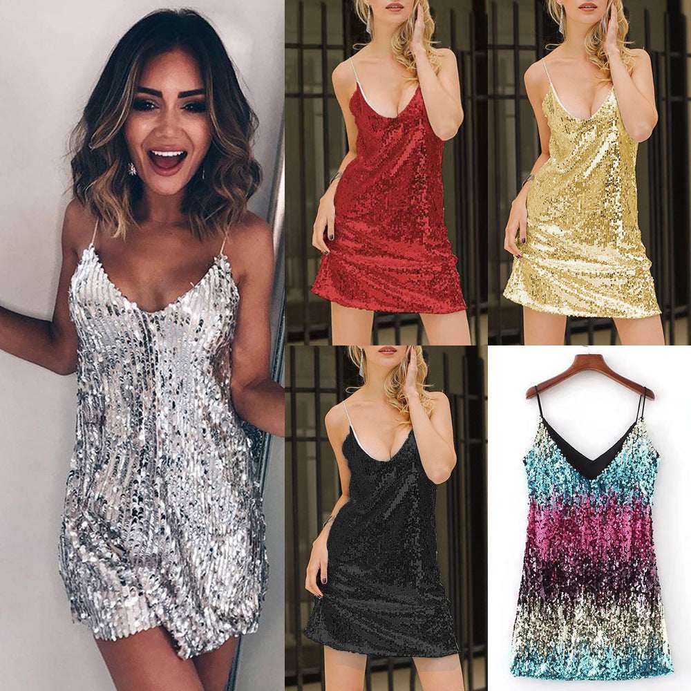 Womens Sparkly Sequin Sleeveless Dress Fashion Spaghetti Straps Dresses Nightclub Clubwear Cocktail Evening Party Costume - SHOMICOBOUTIQUE - Flyclothing LLC