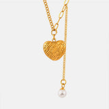 Titanium Steel Imitation Pearl Heart Pendant Necklace - Trendsi - Flyclothing LLC