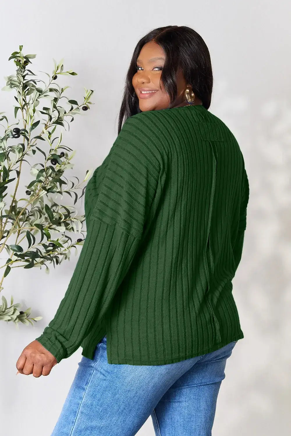 Basic Bae Full Size Ribbed Round Neck Slit Knit Top - ShopBasicbae - Flyclothing LLC