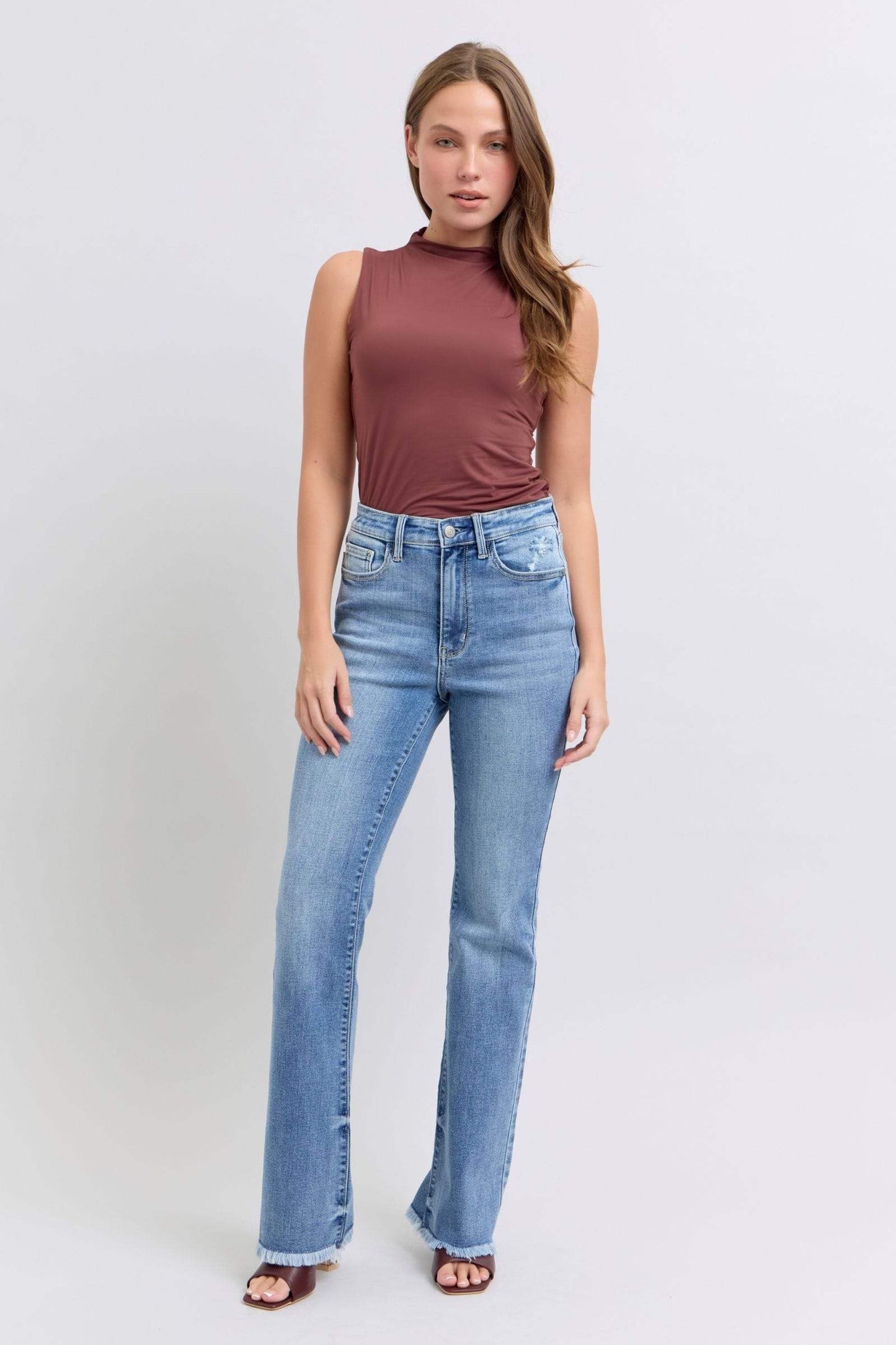 Judy Blue Full Size Raw Hem High Rise Bootcut Jeans - Trendsi - Flyclothing LLC