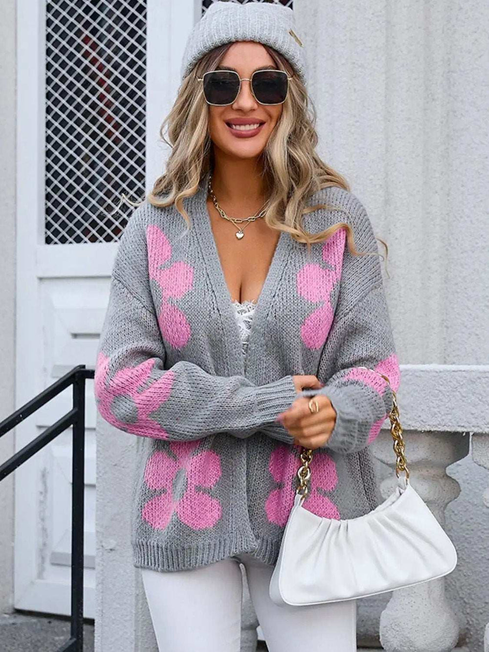 Flower Open Front Long Sleeve Cardigan - Trendsi - Flyclothing LLC