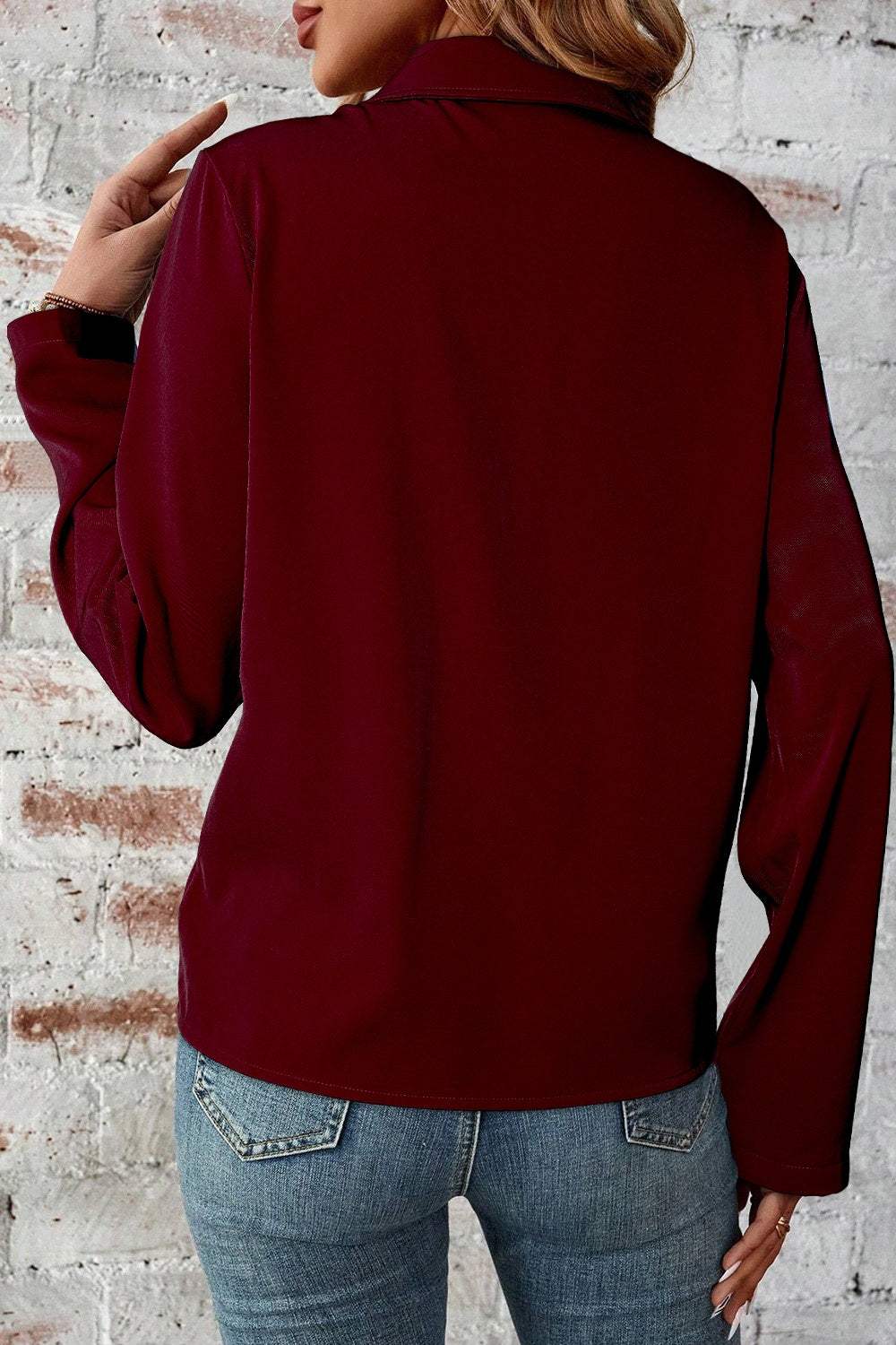 Pocketed Zip Up Collared Neck Long Sleeve Jacket - Trendsi - Flyclothing LLC