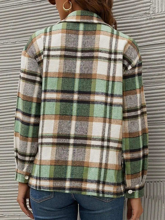 Plaid Collared Neck Long Sleeve Jacket - Trendsi - Flyclothing LLC