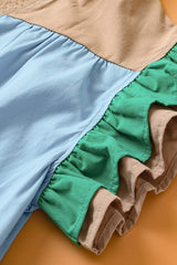 Color Block Notched Ruffled Cap Sleeve Blouse - Trendsi - Flyclothing LLC