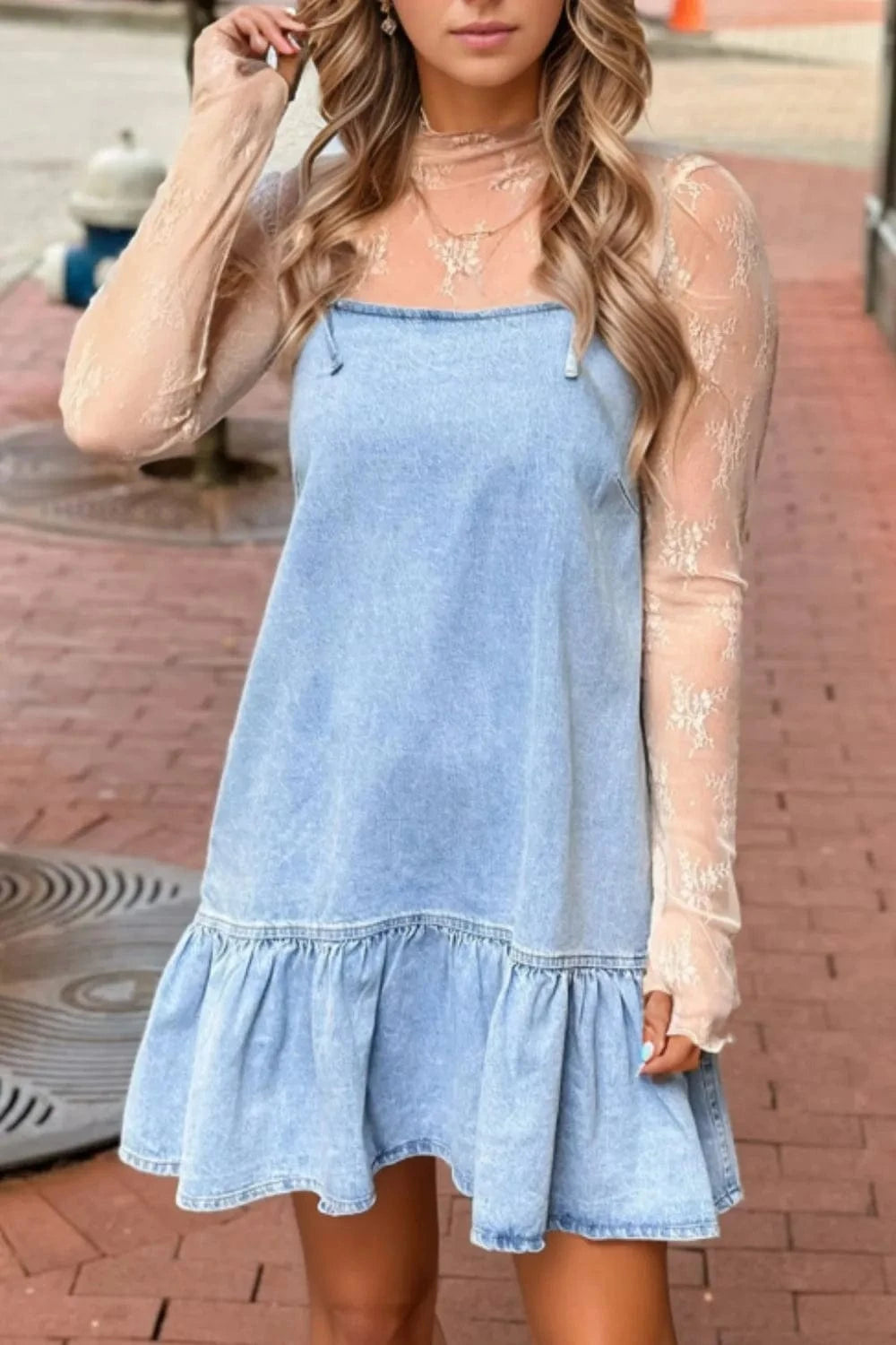 Bow Detail Spaghetti Straps Ruffle Hem Denim Dress - Trendsi