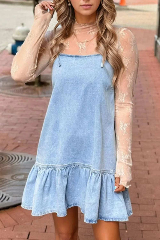 Bow Detail Spaghetti Straps Ruffle Hem Denim Dress - Trendsi - Flyclothing LLC
