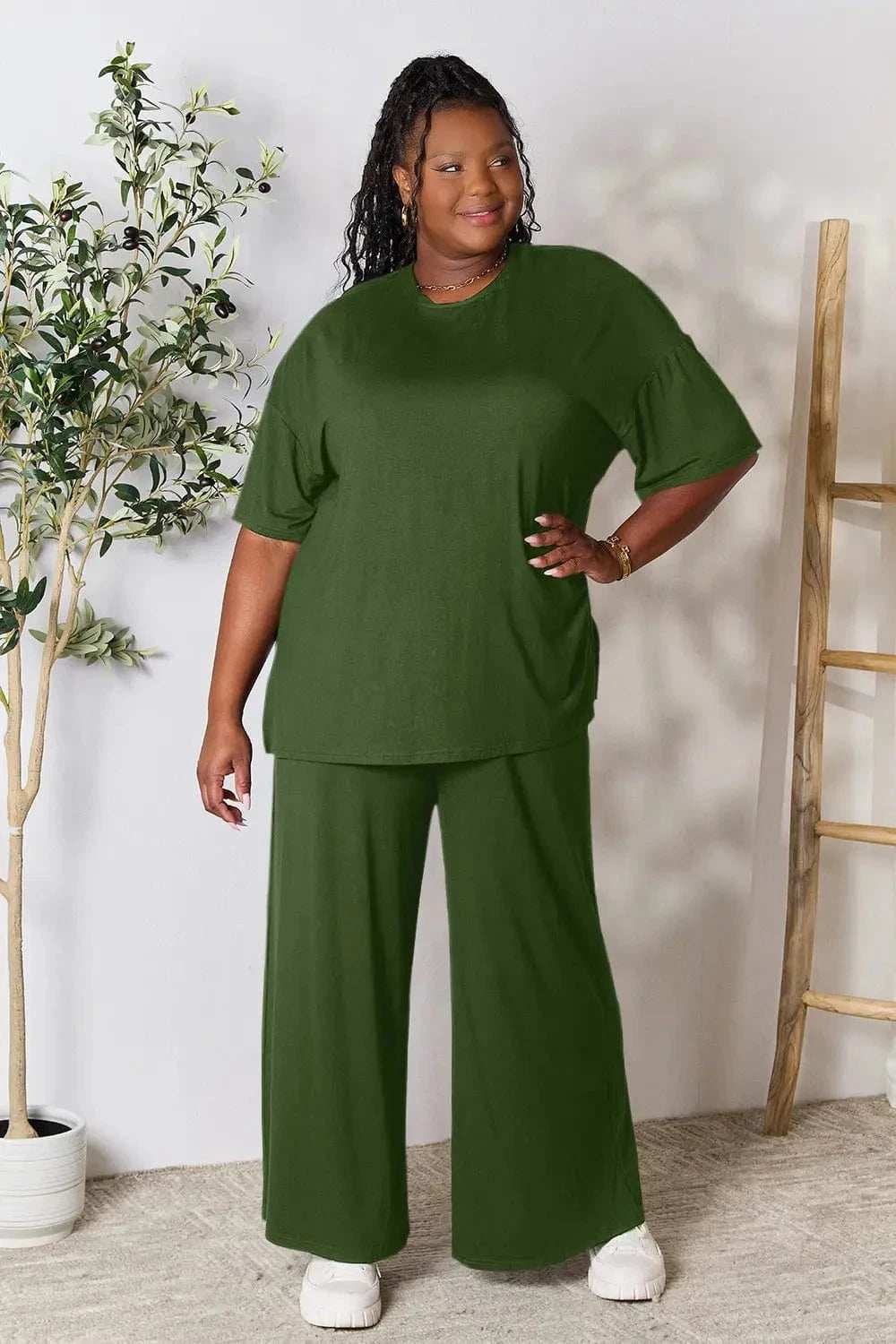 Double Take Full Size Round Neck Slit Top and Pants Set - Trendsi - Flyclothing LLC