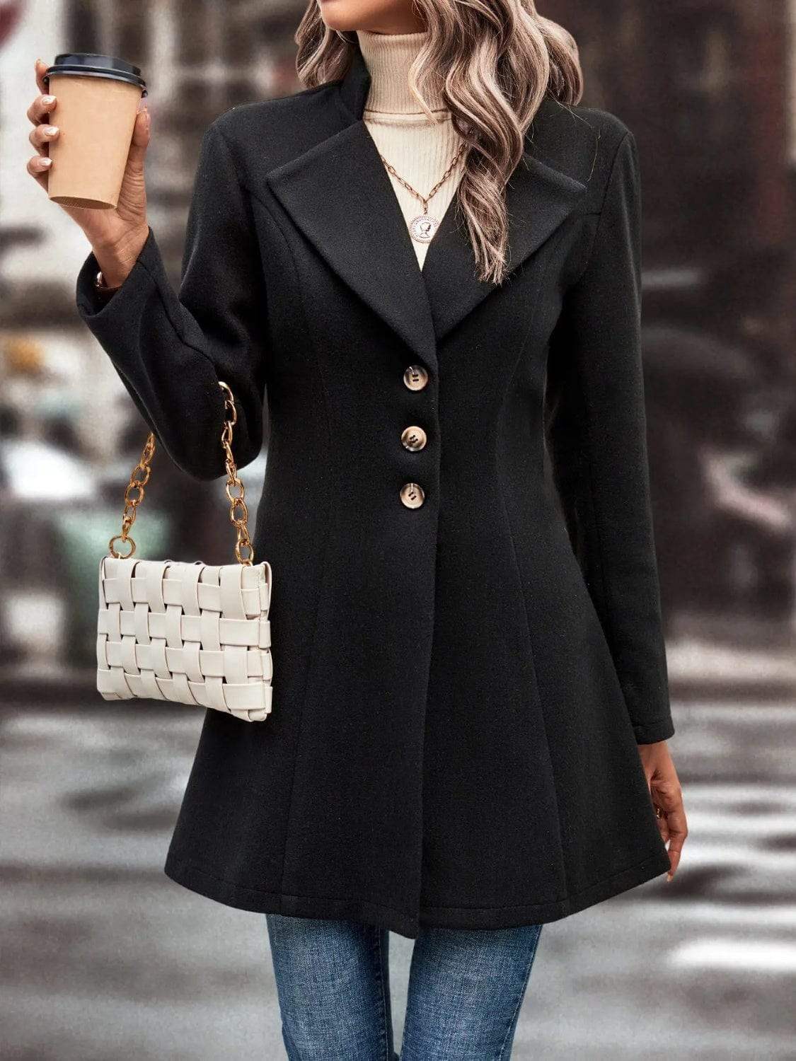 Collared Neck Long Sleeve Longline Coat - Trendsi - Flyclothing LLC