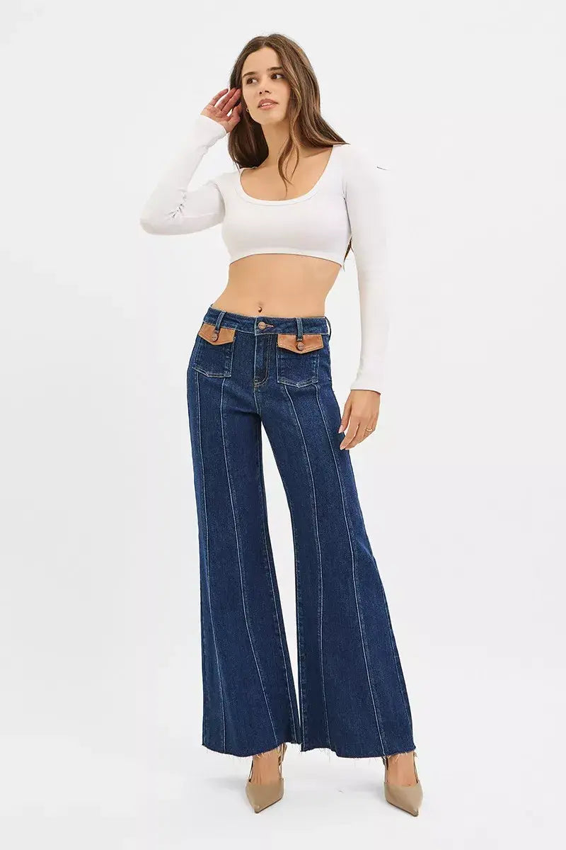 RISEN High Rise Wide Flare Jeans with Front Leather Pocket Detail - Trendsi - Flyclothing LLC