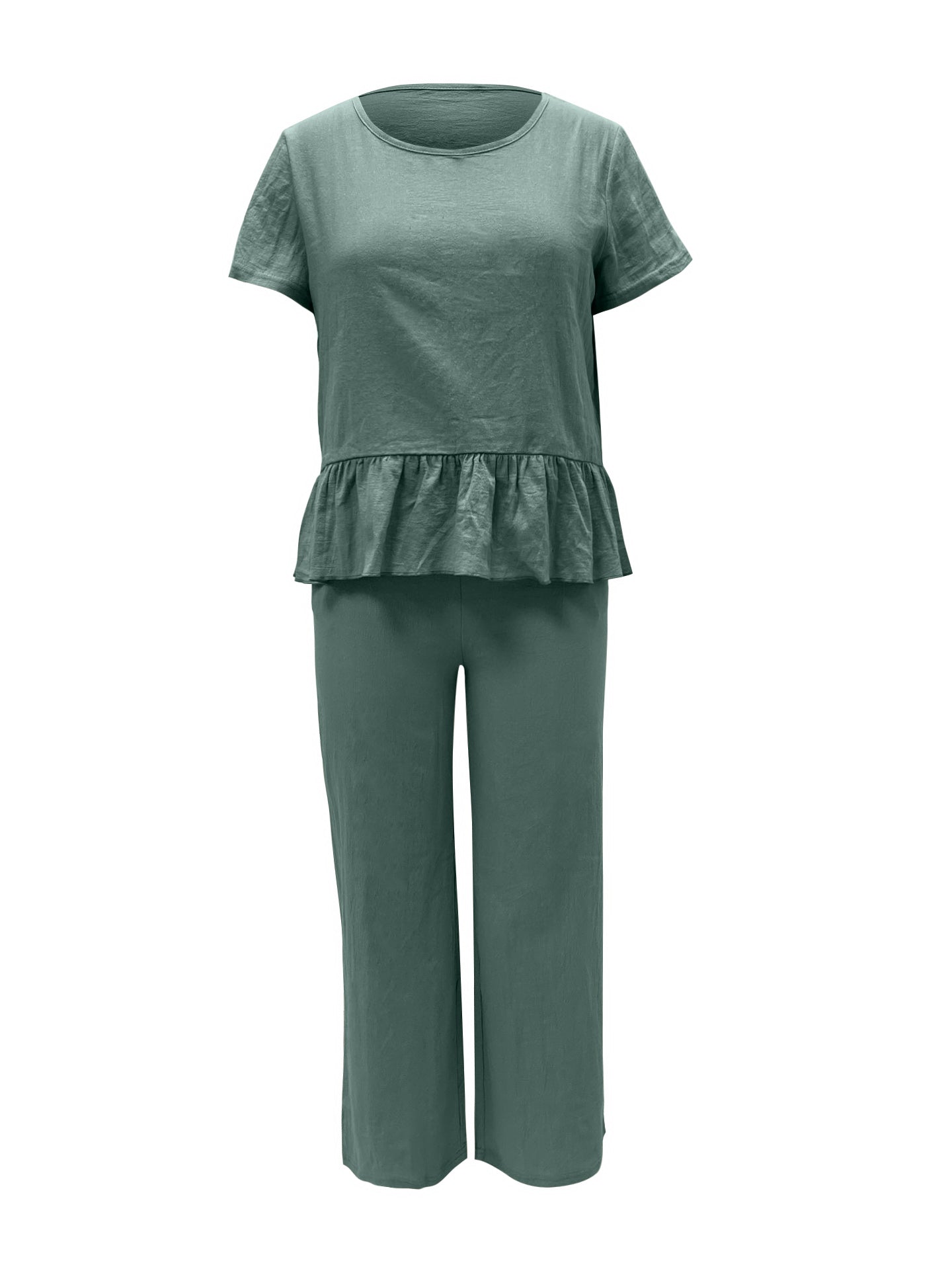Peplum Round Neck Short Sleeve Top and Pants Set - Trendsi