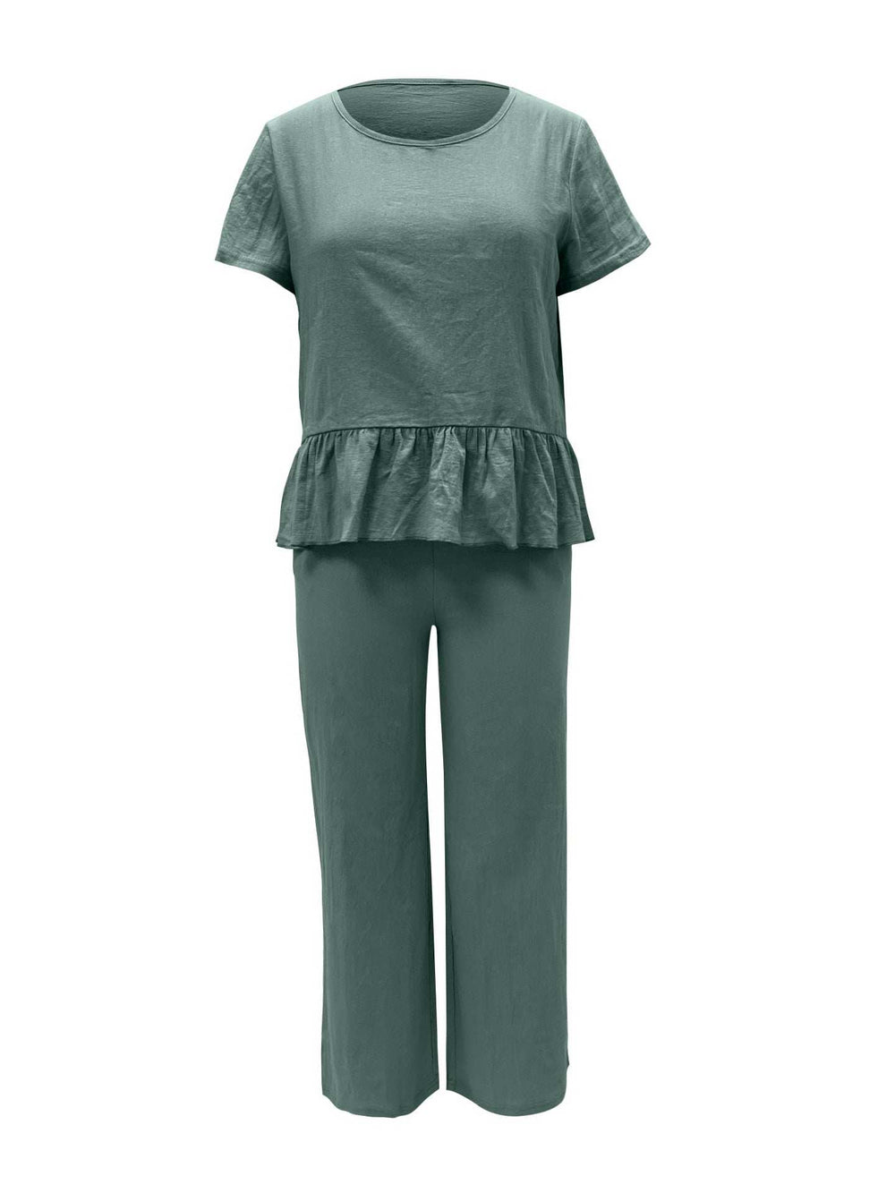 Peplum Round Neck Short Sleeve Top and Pants Set - Trendsi - Flyclothing LLC