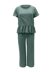 Peplum Round Neck Short Sleeve Top and Pants Set - Trendsi
