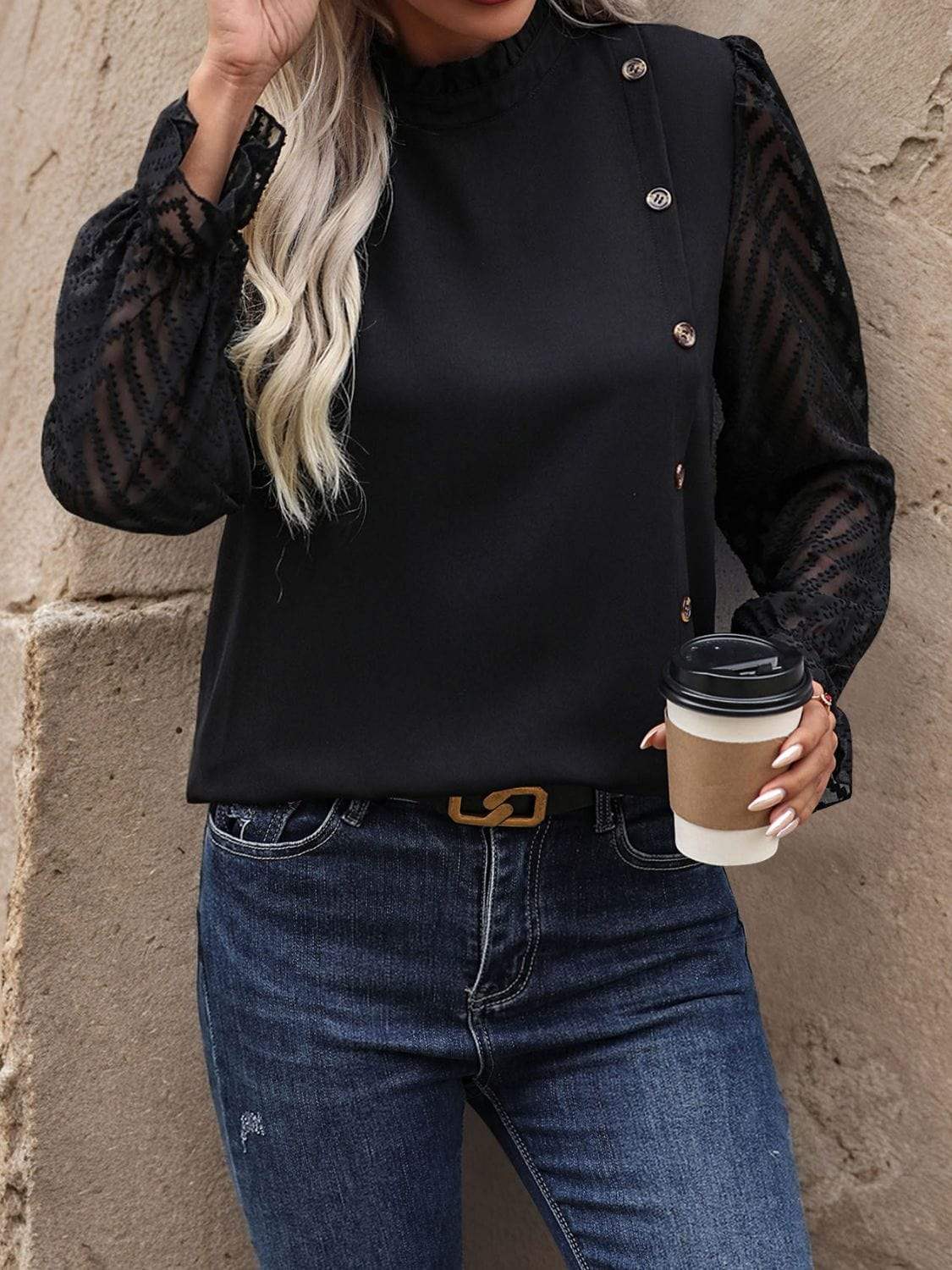 Mock Neck Flounce Sleeve Blouse - Trendsi - Flyclothing LLC