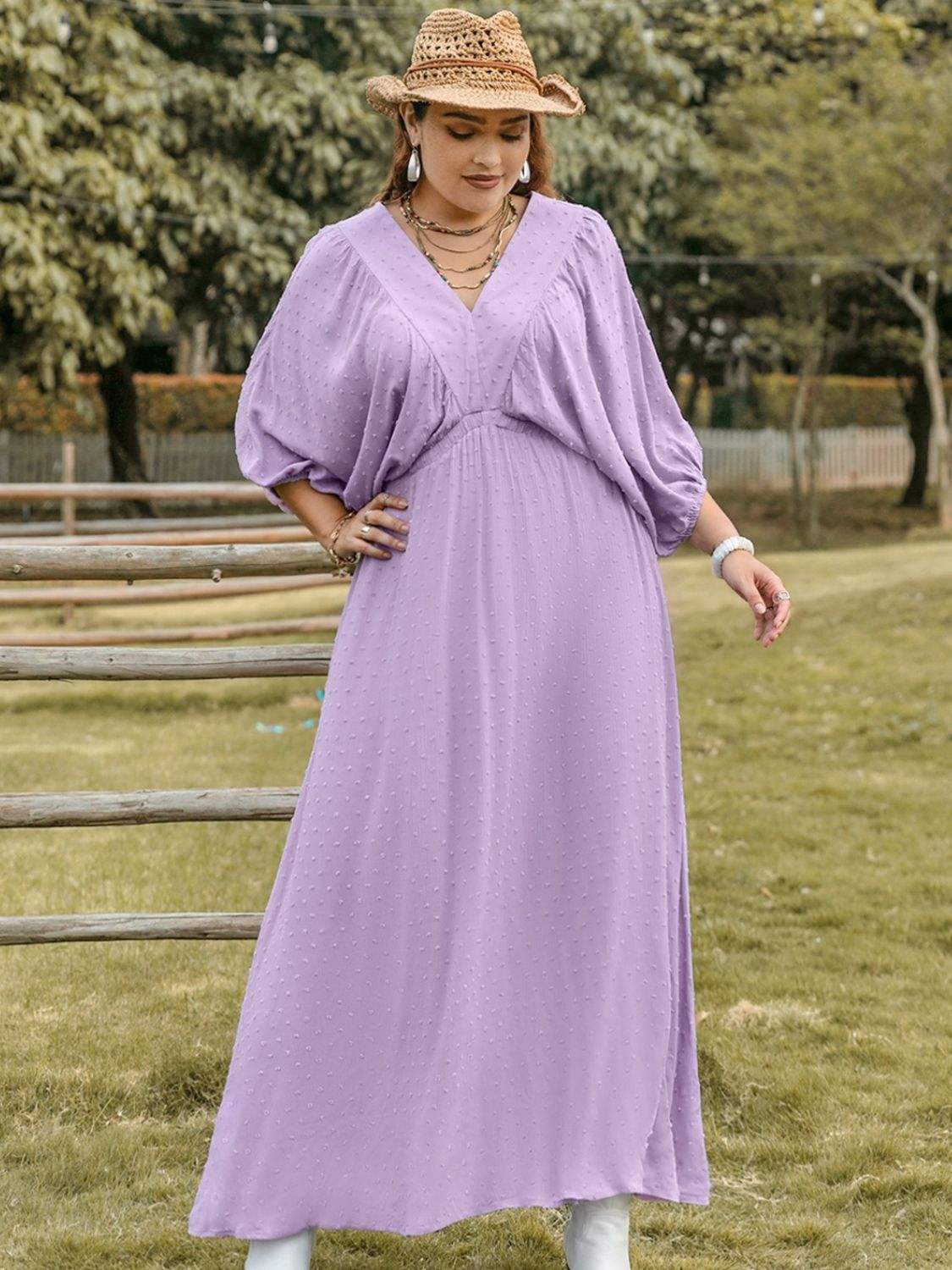 Plus Size Swiss Dot V-Neck Midi Dress - Trendsi - Flyclothing LLC