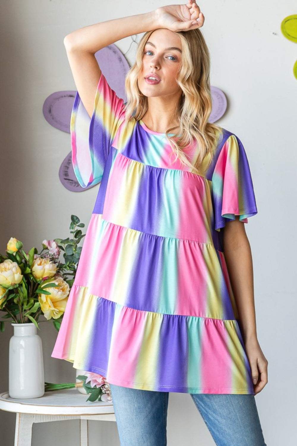 Heimish Full Size Short Sleeve Striped Tiered Top - Trendsi - Flyclothing LLC