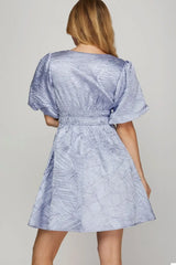 She + Sky Crinkle Woven V-Neck Balloon Sleeve Mini Dress - Trendsi - Flyclothing LLC