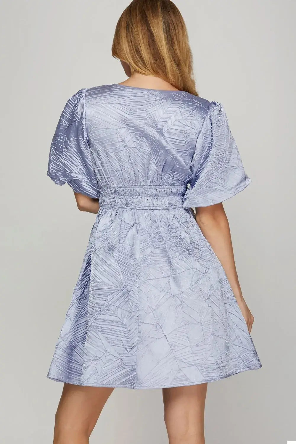 She + Sky Crinkle Woven V-Neck Balloon Sleeve Mini Dress - Trendsi - Flyclothing LLC
