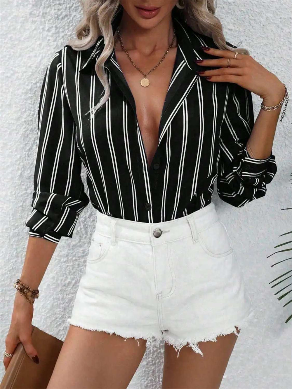 Striped Collared Neck Long Sleeve Shirt - Trendsi - Flyclothing LLC