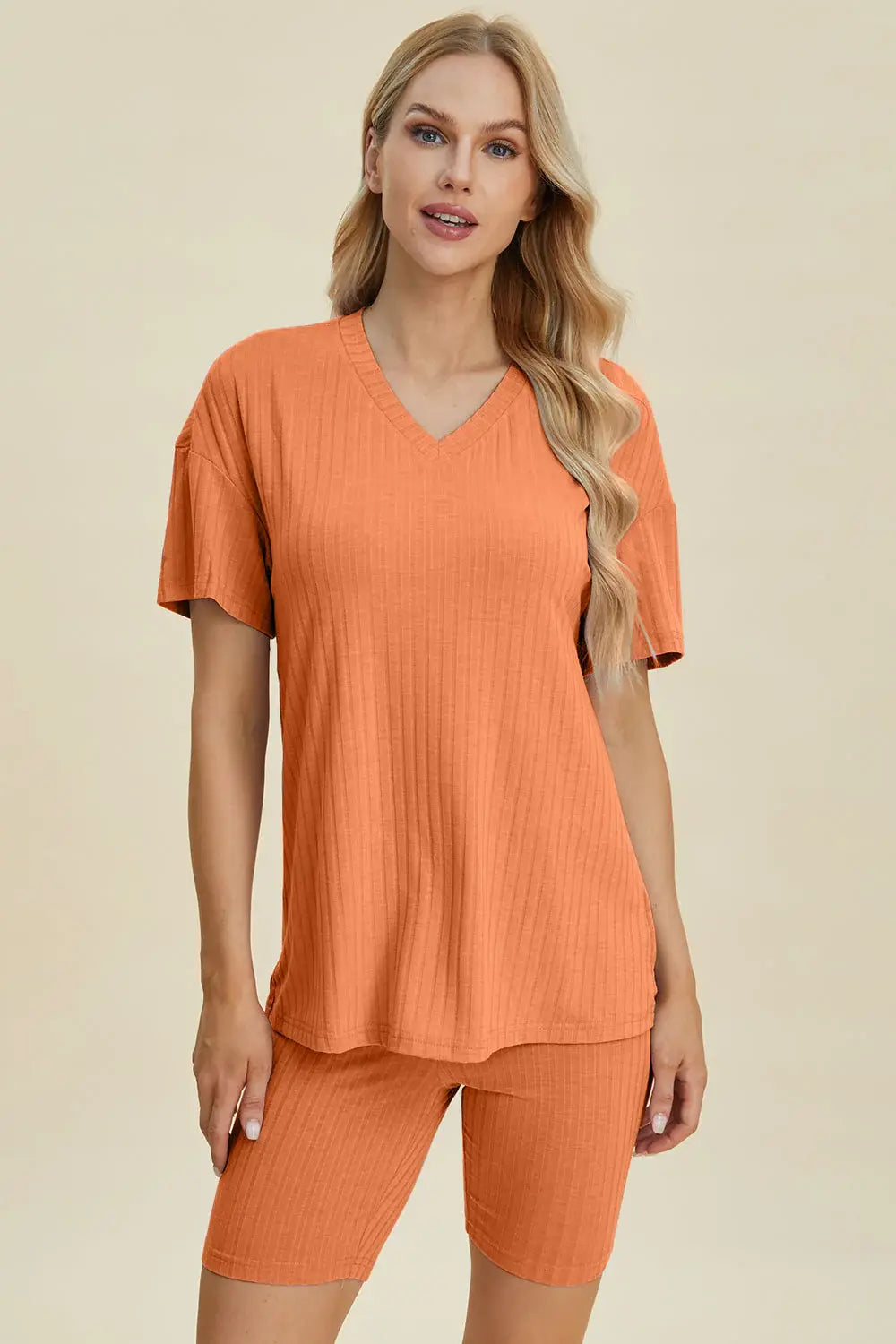 Basic Bae Full Size Ribbed V-Neck Short Sleeve Top and Shorts Set - ShopBasicbae - Flyclothing LLC