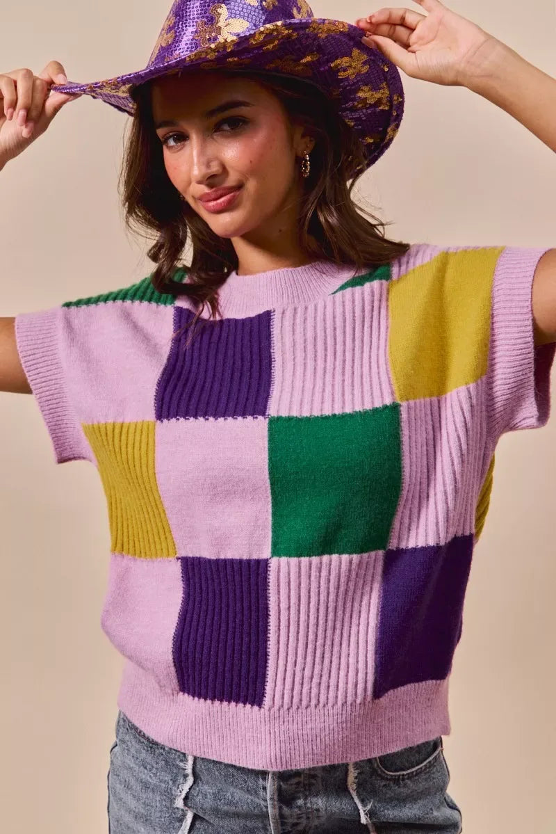 SO ME Mardi Gras Check Plaid Casual Sweater Top - Trendsi - Flyclothing LLC