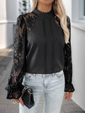 Perfee Mock Neck Lace Long Sleeve Blouse - Trendsi