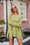 Slit V-Neck Dropped Shoulder Sweater - Trendsi - Flyclothing LLC