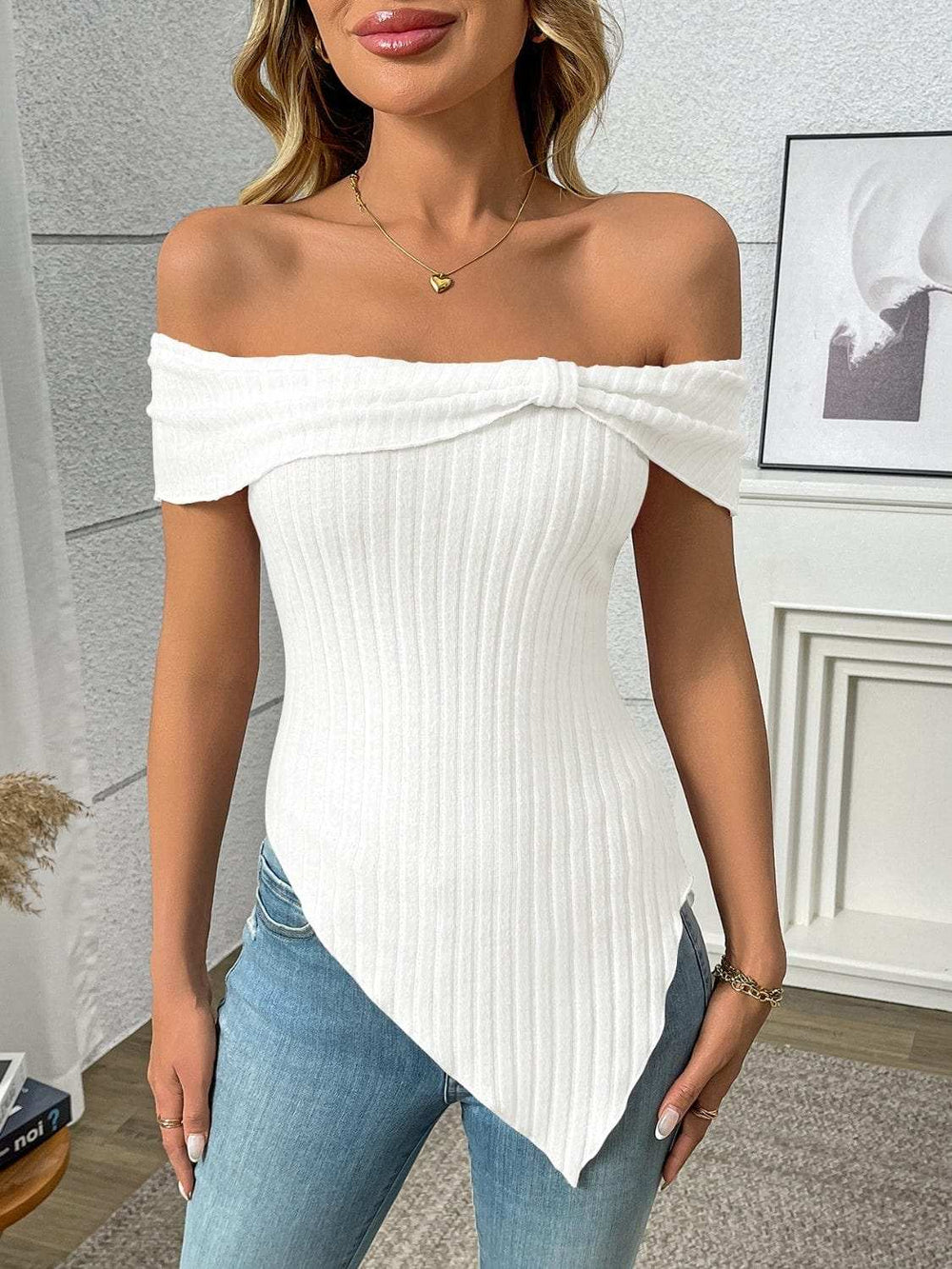 Ribbed Off-Shoulder Asymmetrical Hem T-Shirt - Trendsi - Flyclothing LLC