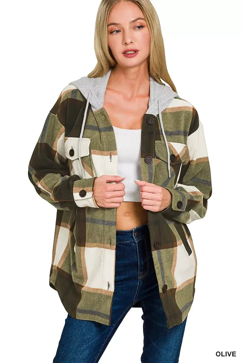 Zenana Plaid Drawstring Hooded Fleece Shacket - Trendsi - Flyclothing LLC