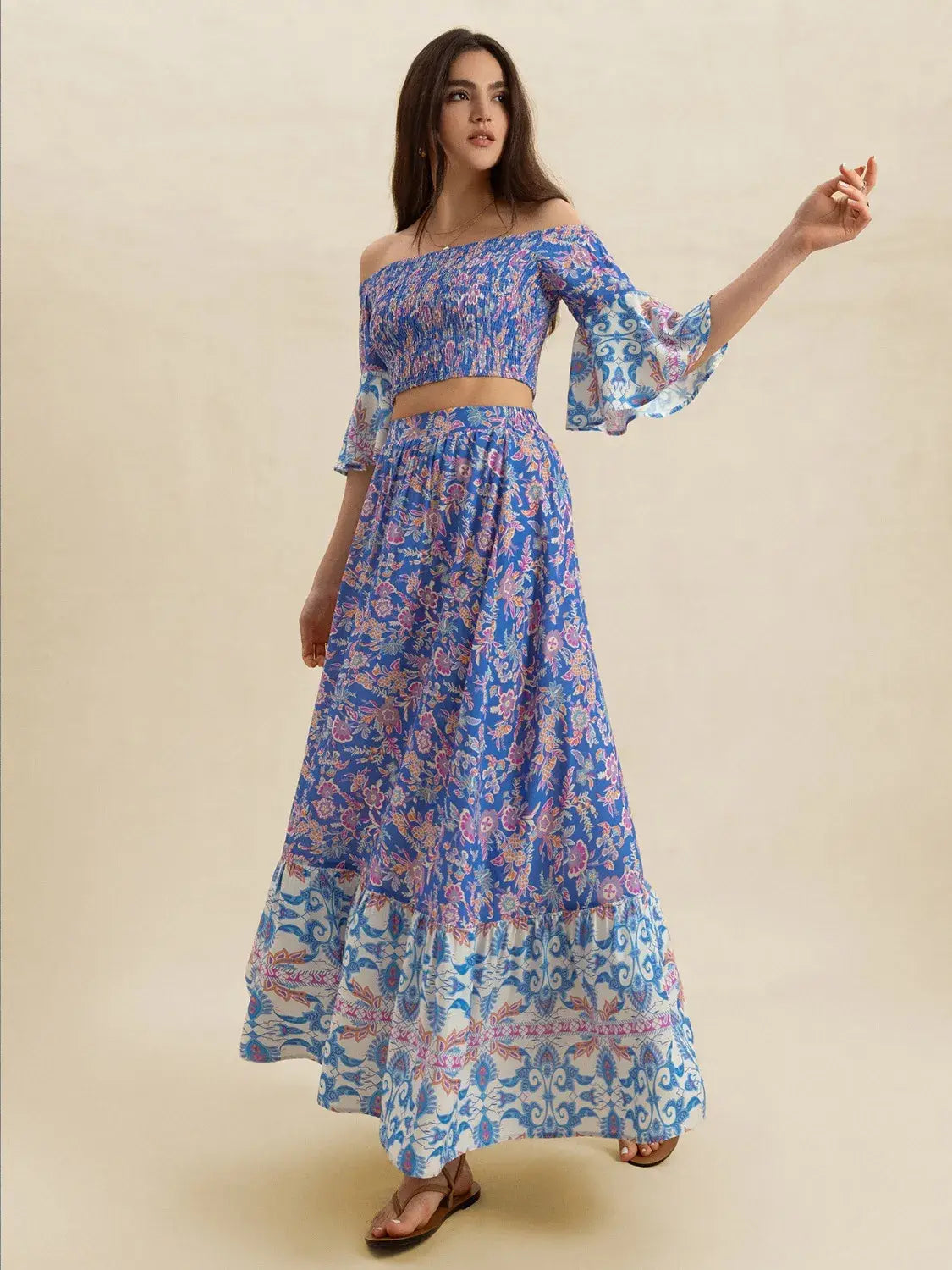 Smocked Off-Shoulder Printed Top and Skirt Set - Trendsi - Flyclothing LLC